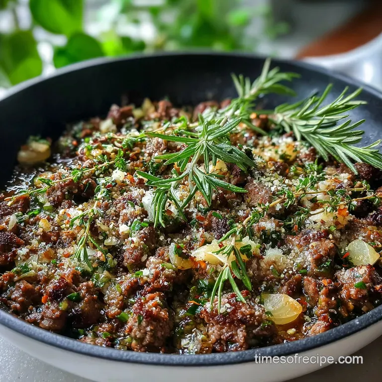 Plated elk crumbles atop creamy polenta. Garnished with fresh thyme and drizzled with olive oil, ready to serve.