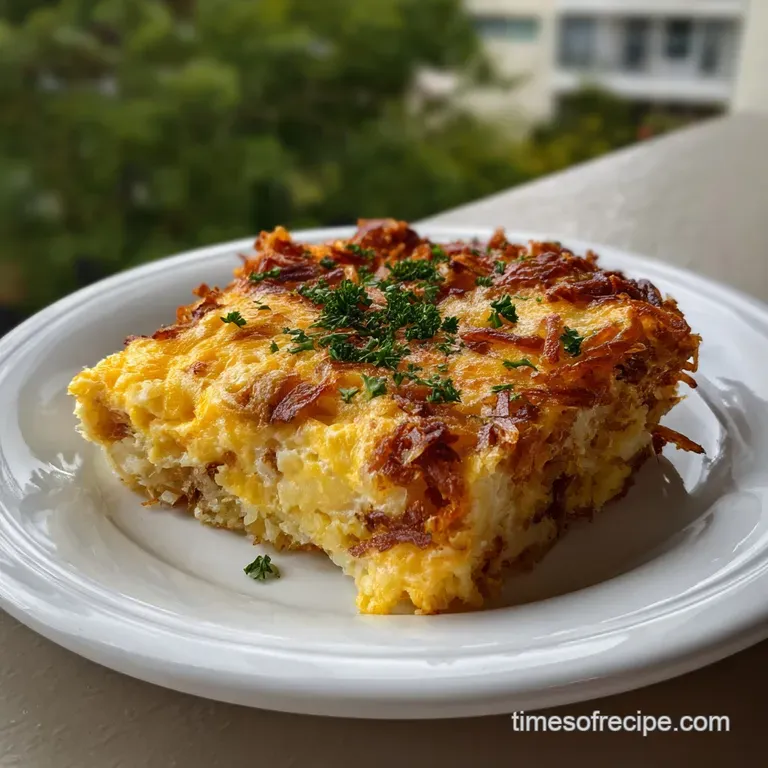 Individual portion of egg casserole, showcasing layers of hashbrowns, melted cheese, and a creamy, inviting texture, garni...