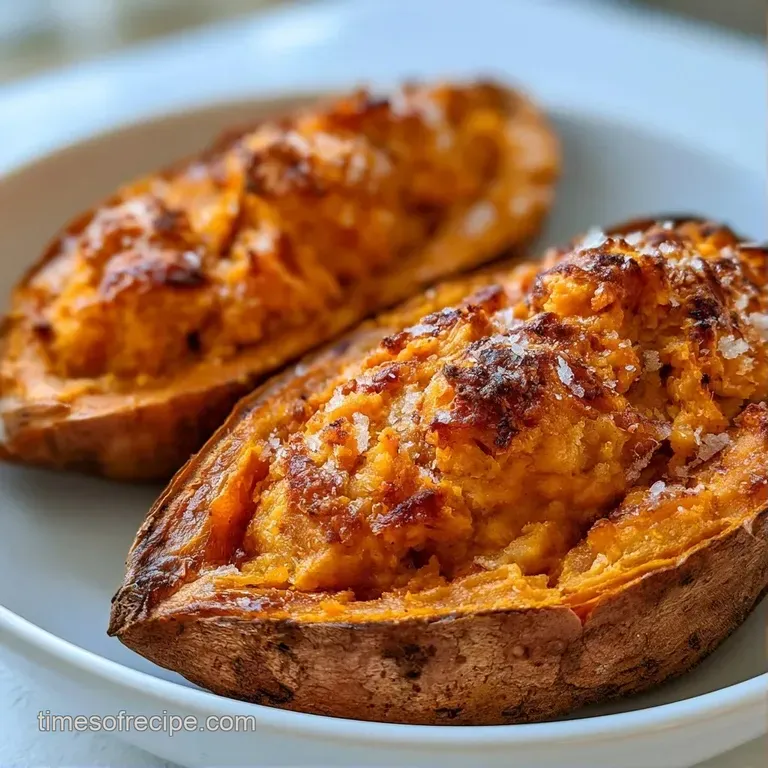 Two halves of roasted orange tubers on a slate platter, topped with melting butter and a sprinkle of fresh chives.