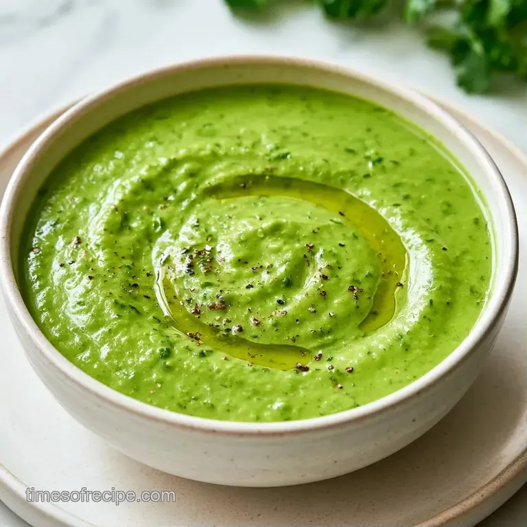 A smooth green puree in a modern bowl topped with a drizzle of olive oil and a crisp, toasted sourdough crouton.