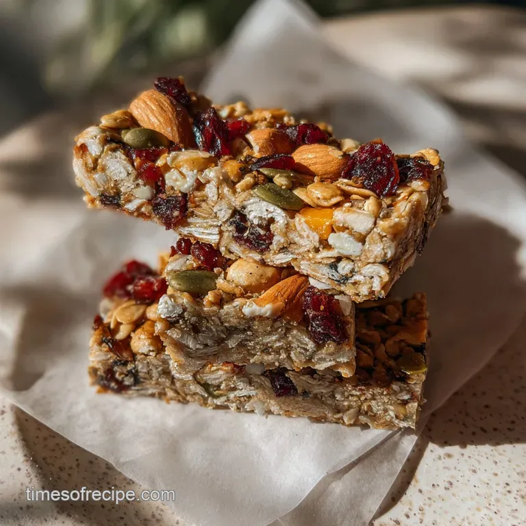 Close-up of a neatly stacked granola bar, revealing layers of oats, seeds, and dried fruit, drizzled with melted chocolate.