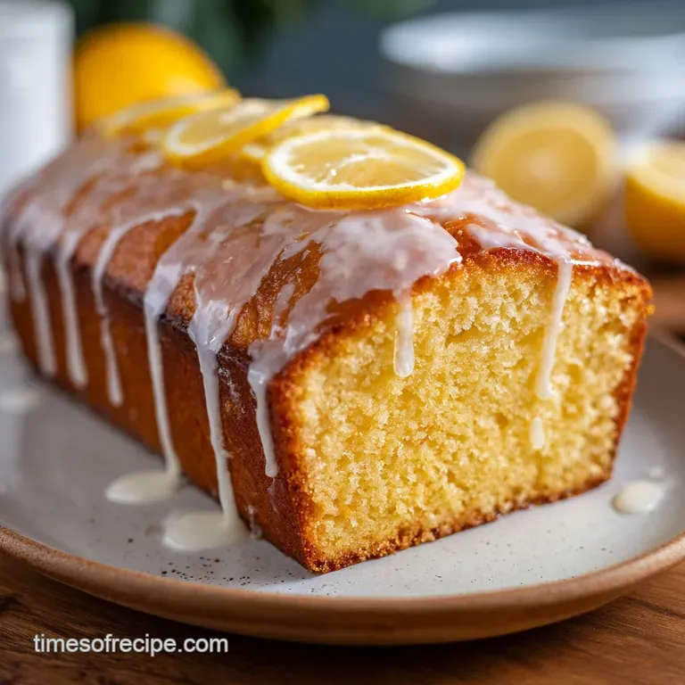 A slice of golden loaf cake, drizzled with white glaze, resting on a white plate.