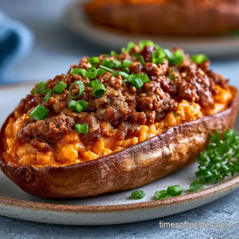 A vibrant orange sweet potato split open and piled high with diced avocado and fresh cilantro on a white plate.