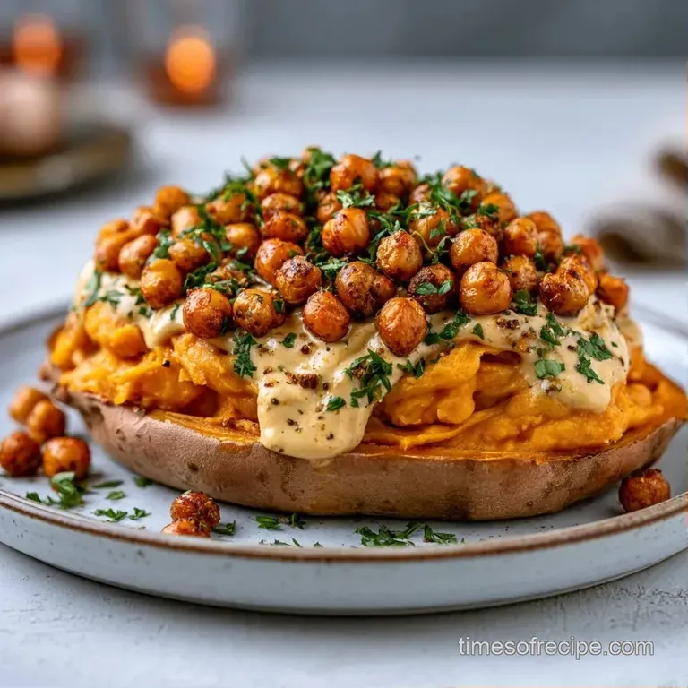 Roasted orange potato halves on a slate platter, topped with spiced chickpeas and swirls of white sauce.