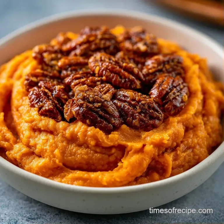 A neat scoop of vibrant orange mash topped with a toasted marshmallow and pecans on a clean white porcelain plate.