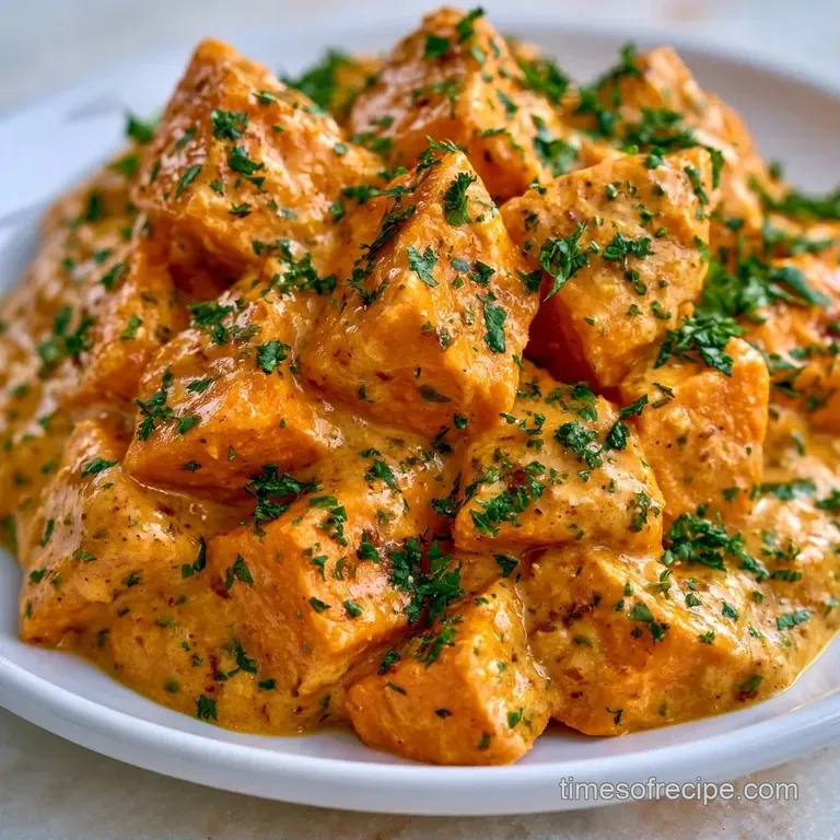 Creamy orange vegetable stew served alongside fluffy white basmati rice and a sprinkle of fresh green herbs.