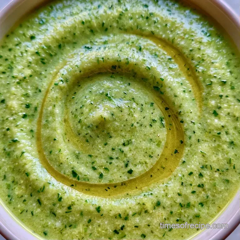Vibrant green soup in a white porcelain bowl with a drizzle of olive oil and toasted pumpkin seeds on top.