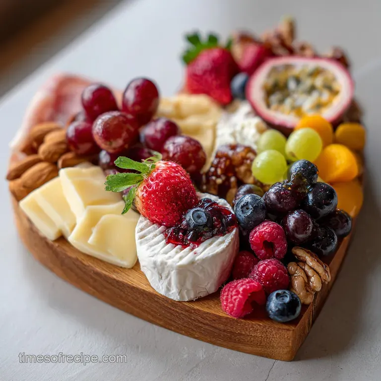 Elegant arrangement of ruby-red strawberries, creamy cheeses, and crisp crackers, thoughtfully displayed for a romantic Va...