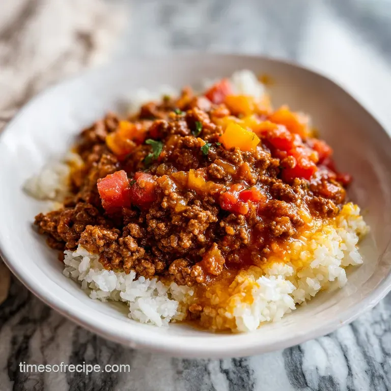 A generous slice of ground beef casserole on a white plate, steam rising, showing layers of seasoned meat and fluffy potat...