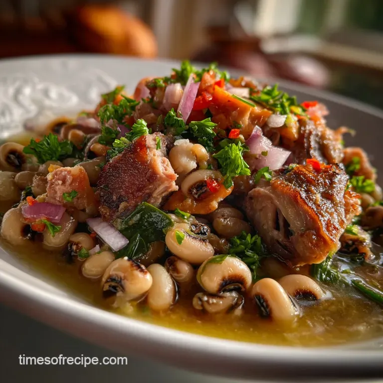 Elegant serving of creamy black-eyed peas with a piece of ham hock, sprigs of parsley, and a drizzle of olive oil, on a wh...