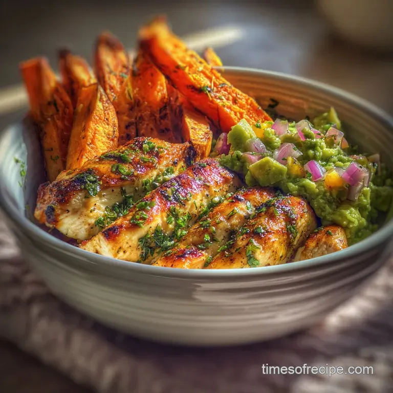 Perfectly plated grilled chicken bowl. Fluffy sweet potato fries tower over colorful, juicy chicken, greens and herby dres...