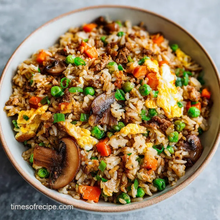 An artfully arranged bowl of fluffy fried rice, flecked with vibrant green peas and diced carrots.