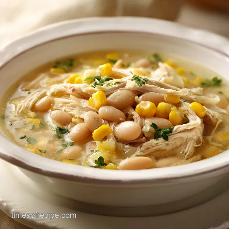 A white ceramic bowl of hearty white stew topped with sliced avocado, melted cheese, and a sprinkle of green herbs