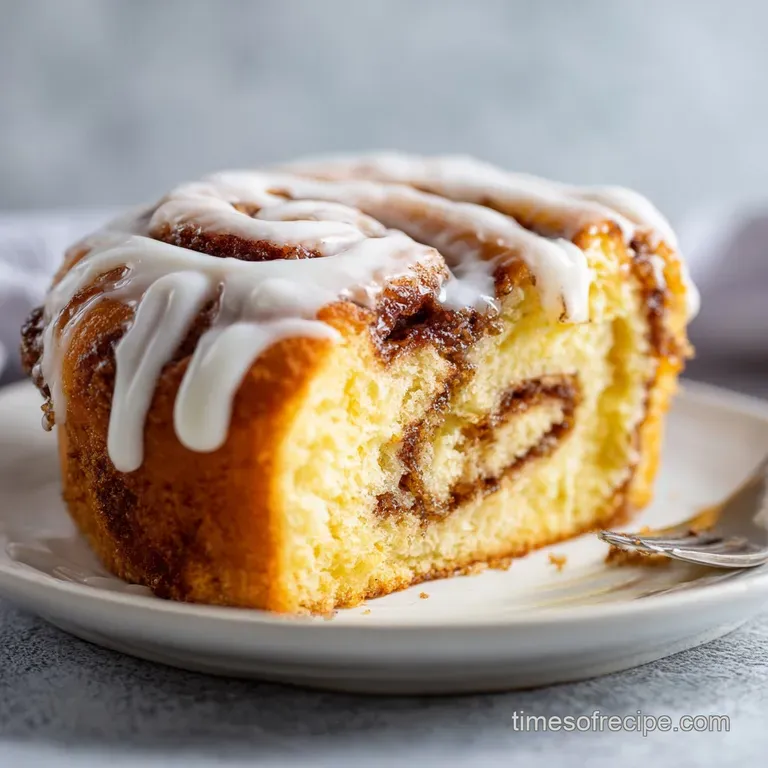 A slice of cinnamon swirl cake, artfully plated, reveals delicate layers drizzled with sweet, creamy white frosting.