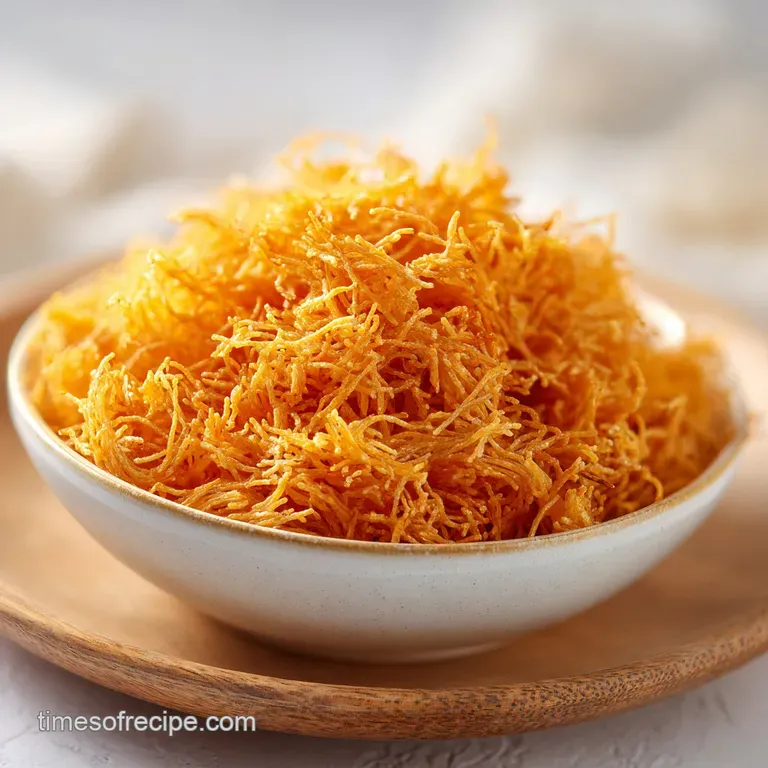 Crisp, golden kataifi strands piled high on a white plate, drizzled with sweet syrup.
