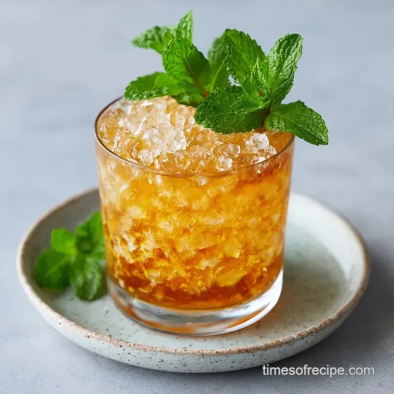 Chilled silver goblet sweating with condensation, topped with a snowy mound of crushed ice and lush mint sprigs.