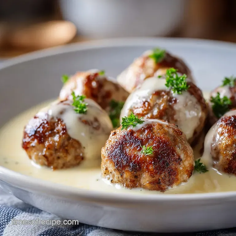 Savory browned spheres nestled on fluffy mashed potatoes, drizzled with a velvet sauce and a sprinkle of herbs.