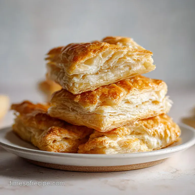 Elegant slice of flaky puff pastry dusted with powdered sugar, artfully arranged on a white plate.