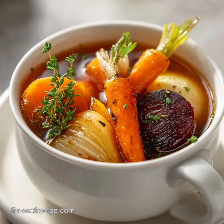 A steaming bowl of golden vegetable broth, showcasing bright carrots, celery, and herbs, artfully arranged.