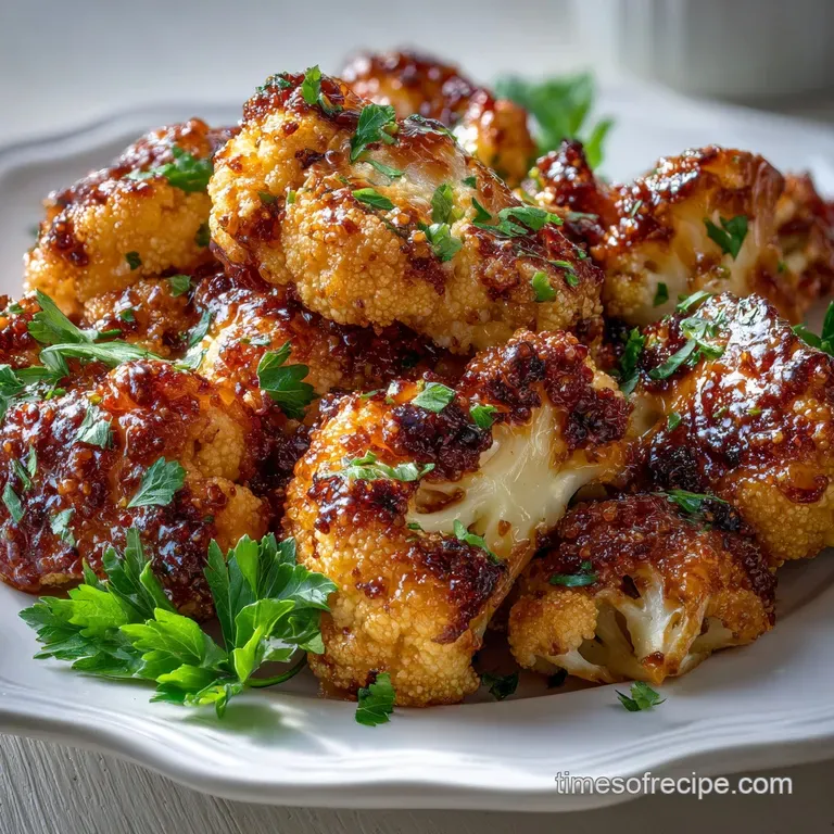 Golden baked cauliflower wings, drizzled with honey, sprinkled with herbs, artfully arranged on a white plate.
