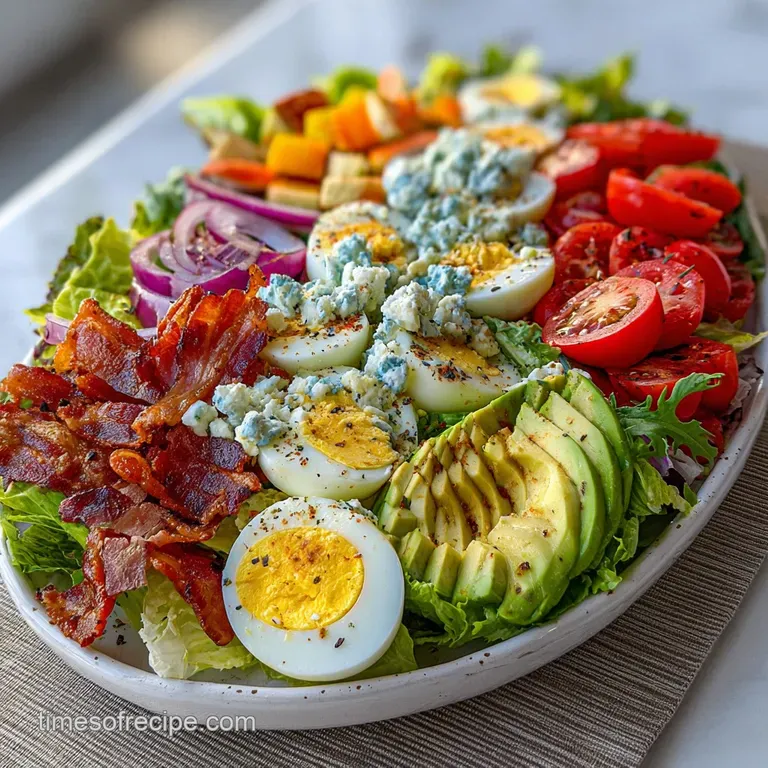 Artfully plated Cobb salad with rows of vibrant ingredients: bright red tomatoes, pale chicken, and green avocado against ...