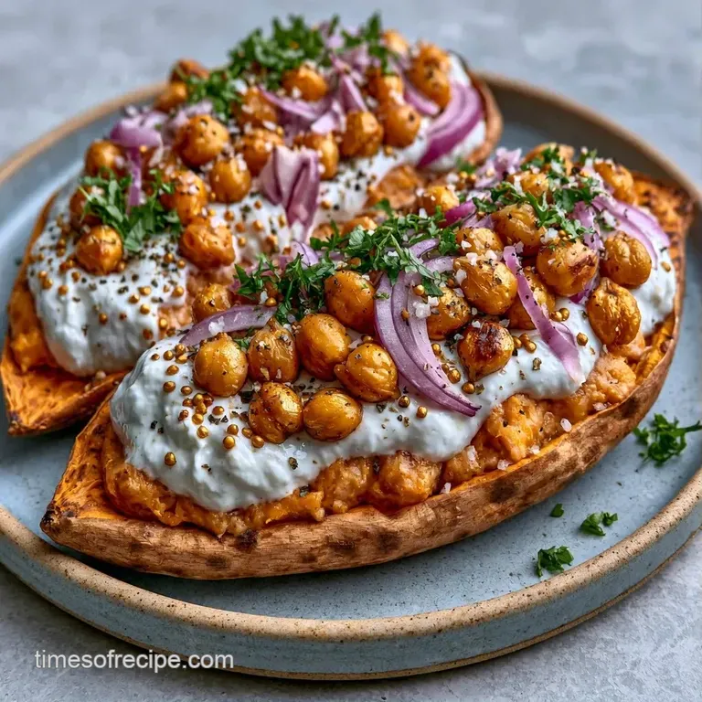 Two split roasted orange potatoes on a white platter with creamy dollops, pomegranate seeds, and fresh mint leaves.