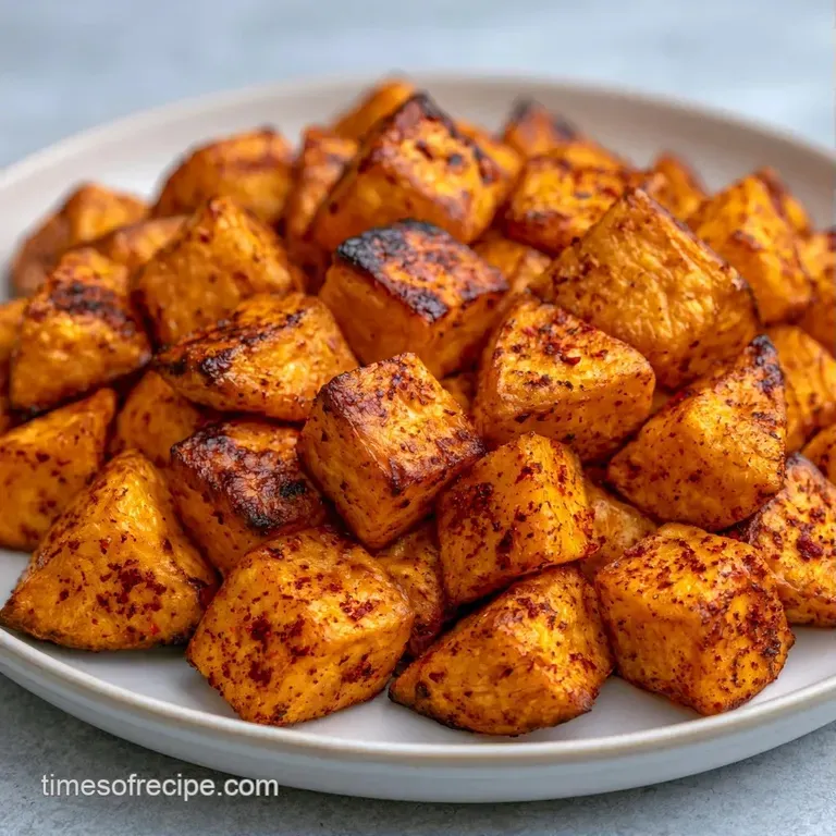 Golden-orange spiced cubes artfully plated with a swirl of creamy yogurt and a sprinkle of fresh green herbs.