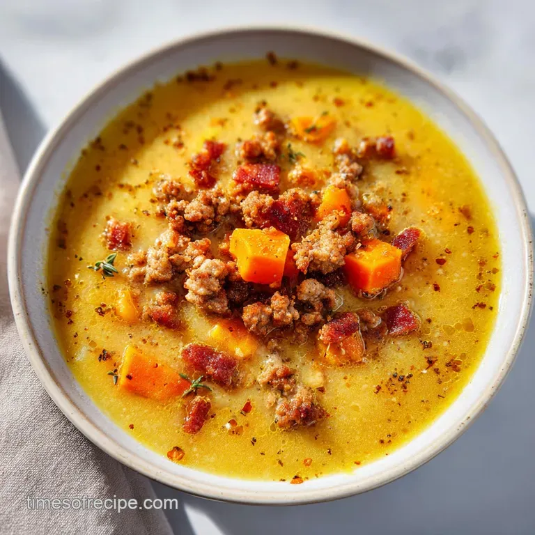 Elegant white bowl of thick, creamy potato soup topped with a swirl of cream, cracked pepper, and a toasted baguette.