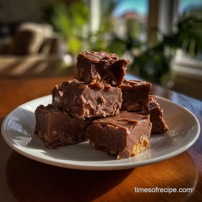 Square fudge pieces displayed on a white marble surface; rich brown contrasts with the cool stone, tempting the eye.