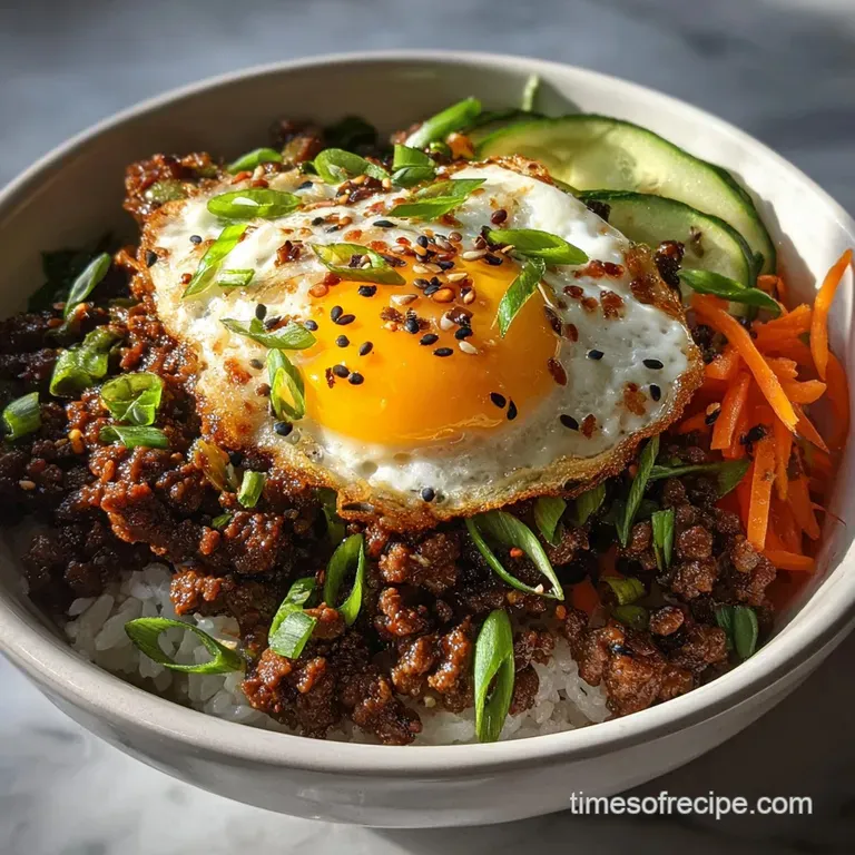 Korean ground beef bowl beautifully plated with sesame seeds and vibrant green onions, a tempting and balanced meal.