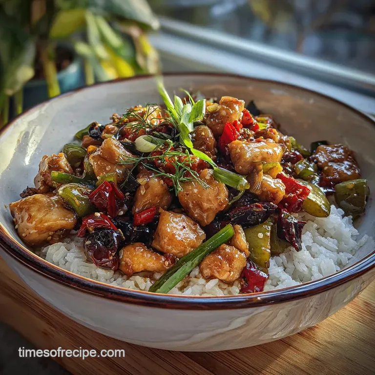Kung Pao Chicken elegantly plated, showcasing glossy sauce, red chilies, and chopped green onions against a white plate.