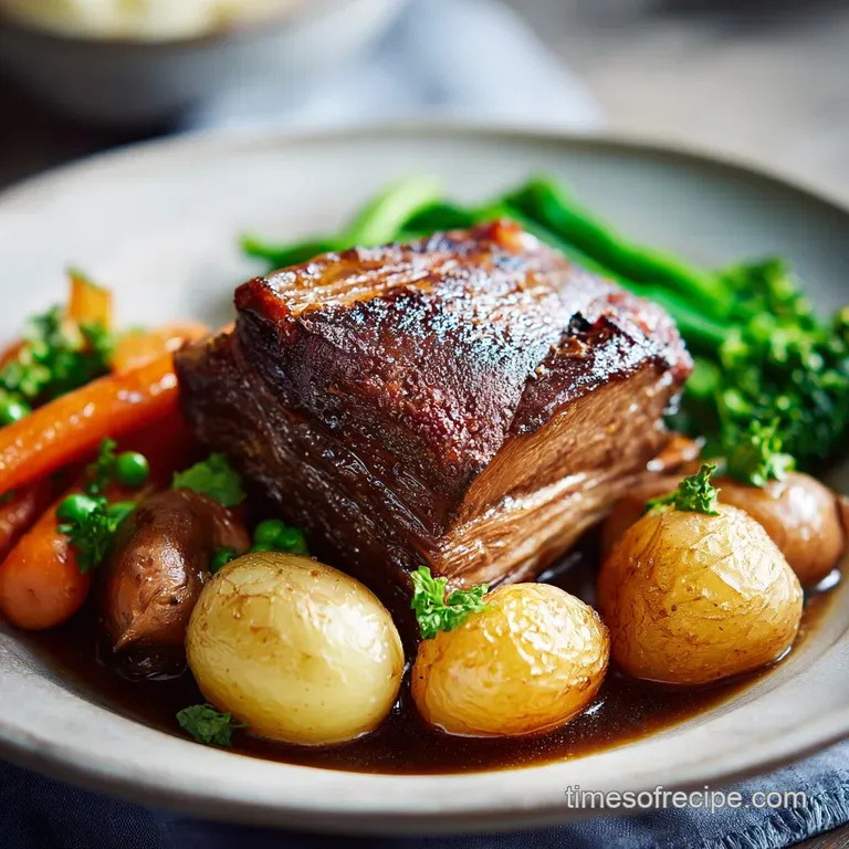 Plated roast beef glistening with savory gravy, alongside bright orange carrots and soft potatoes. A comforting and hearty...