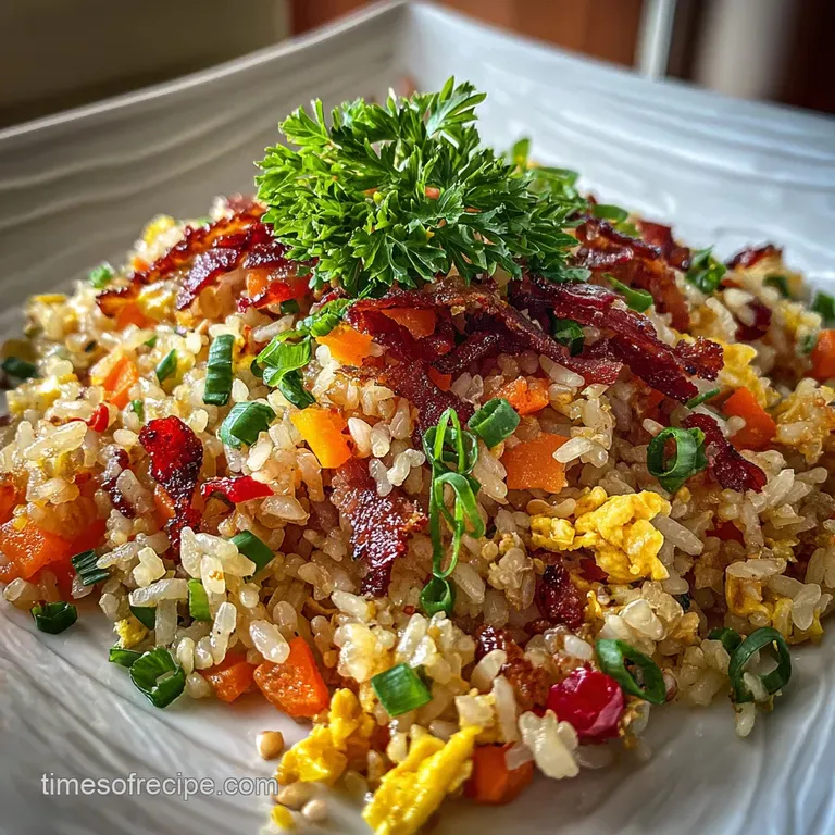 Steaming mound of golden fried rice artfully plated and garnished with fresh scallions, hinting at savory and aromatic fla...