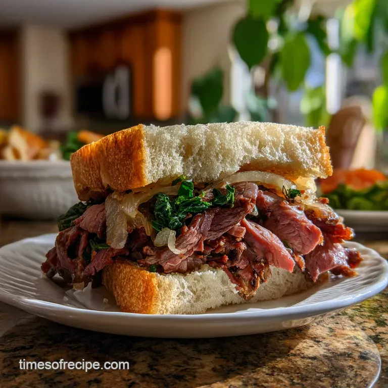 Stacked high, a gourmet sandwich featuring juicy beef and melty cheese. Warm, golden-brown crust and a side of fresh, gree...