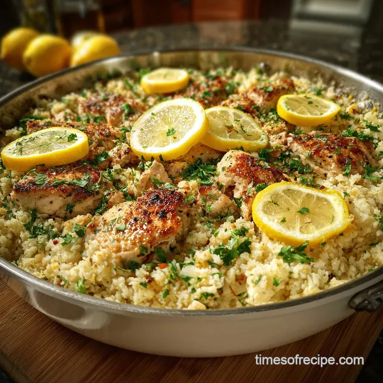 Lemon chicken atop cauliflower rice, glistening with sauce. Garnish of bright herbs and lemon slice on a clean, white plate.
