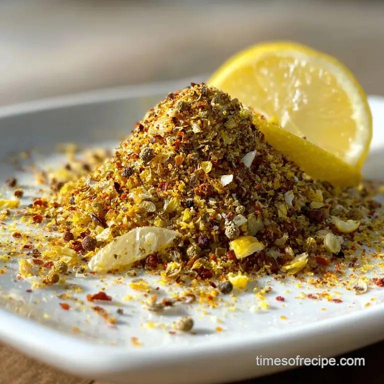 A small glass jar filled with homemade lemon pepper. You can see the vibrant blend of yellow lemon zest and coarse black p...