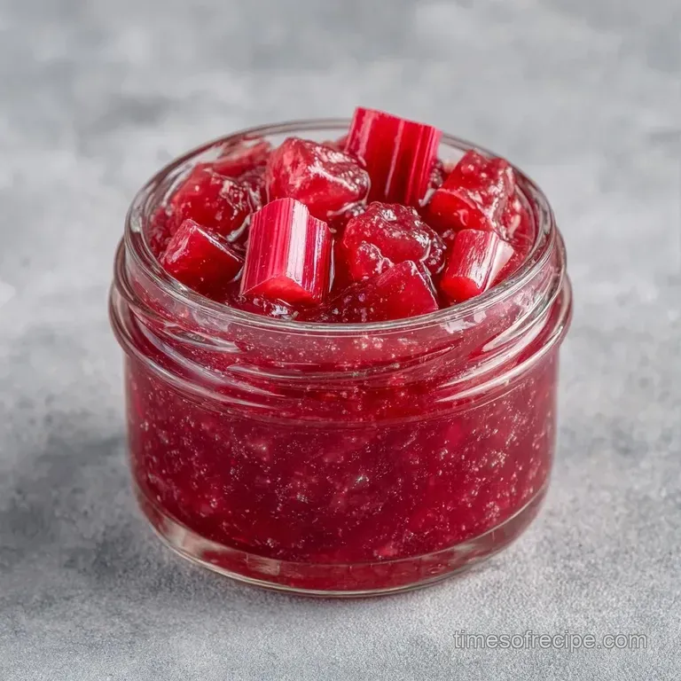 A thick swirl of glossy pink fruit preserve atop golden toasted brioche with a fresh mint leaf garnish.