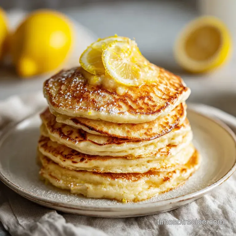 Delicate lemon ricotta pancakes artfully arranged on a white plate, garnished with fresh blueberries and a sprig of mint, ...