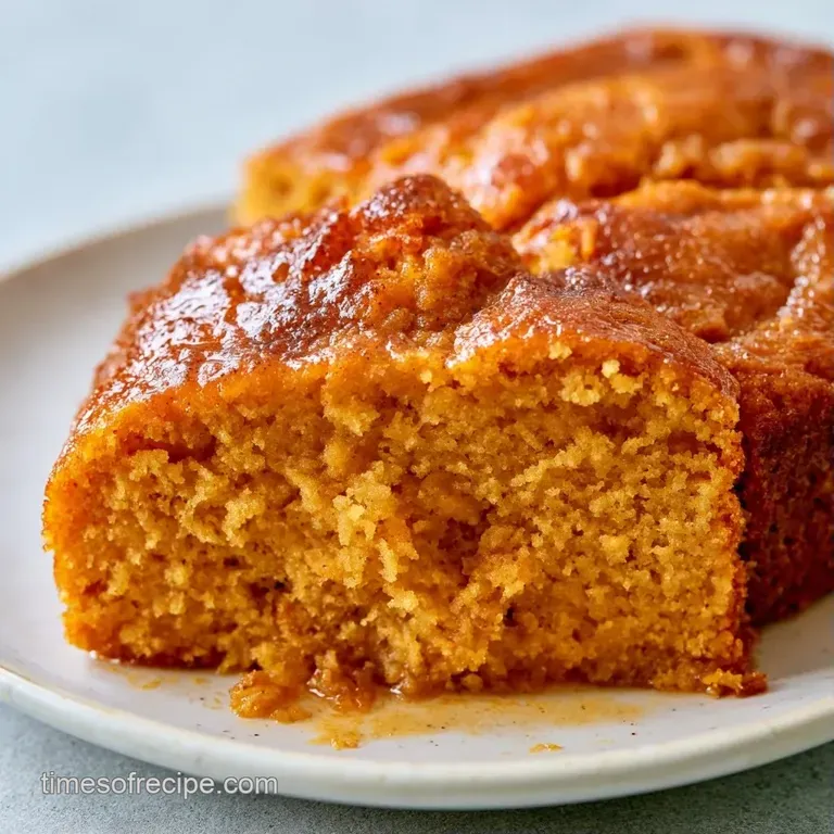 A thin wedge of moist amber-colored sponge cake paired with a swirl of whipped cream and a cinnamon stick garnish.