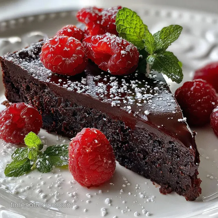 Slice of fudgy chocolate cake on a white plate, adorned with fresh raspberries and a light dusting of powdered sugar.
