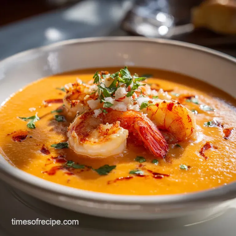 Elegant bowl of seafood bisque with delicate seafood garnish. Steam rises, hinting at warmth. A spoon rests nearby, ready ...