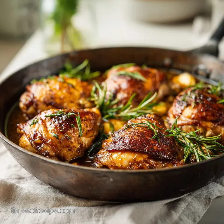 Perfectly roasted chicken thighs, caramelized to a deep brown, arranged artfully with vibrant green herbs.