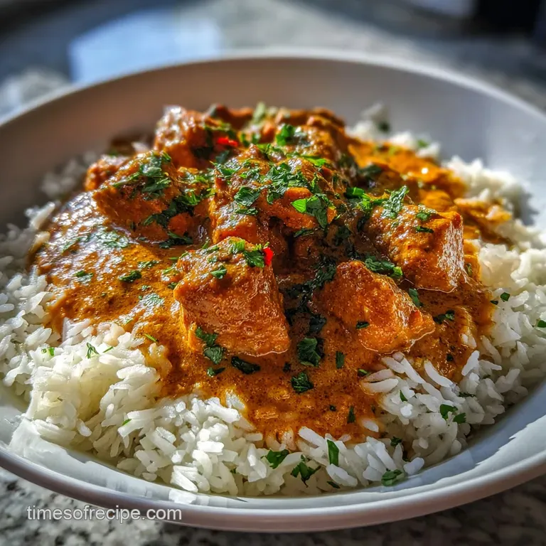 Glistening butter chicken with a rich, creamy sauce, artfully plated with fluffy basmati rice and a sprinkle of fresh herbs.