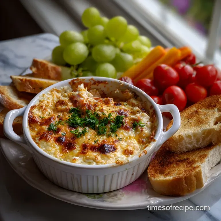 Elegant white ramekin overflowing with creamy crab dip, garnished with parsley, alongside toasted crackers for dipping. Lu...