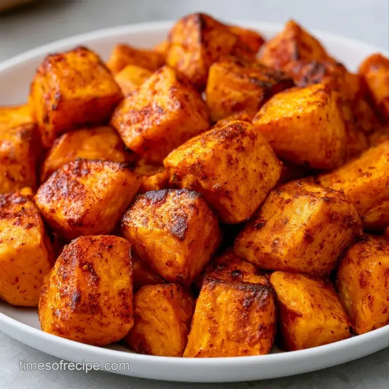 Vibrant orange roasted cubes piled high in a matte white bowl, garnished with a sprinkle of fresh parsley.