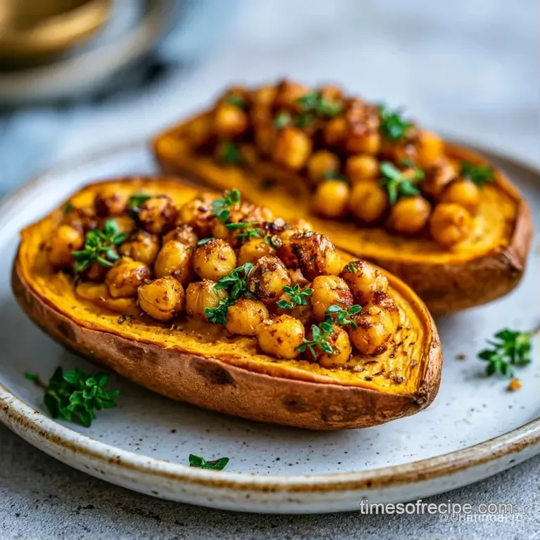 Vibrant orange roasted tubers topped with snowy white feta and briny purple olives on a minimalist ceramic platter.
