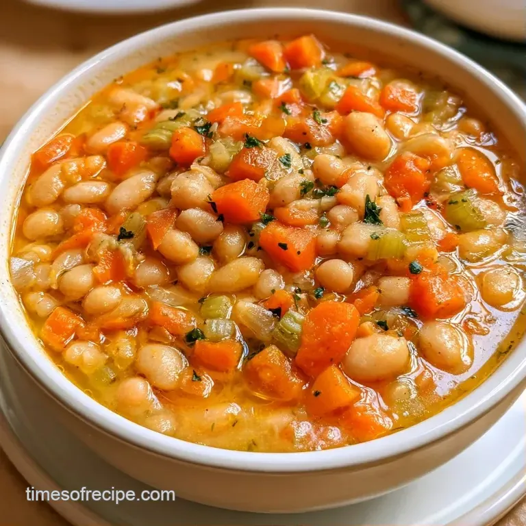 A ceramic bowl of creamy bean soup topped with a swirl of olive oil and fresh parsley beside crusty bread.