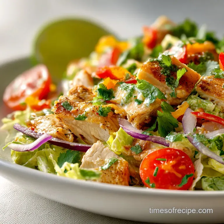 Elegant plate of Mexican chicken salad with ribbons of smoky chicken, bright peppers, and a drizzle of creamy cilantro dre...