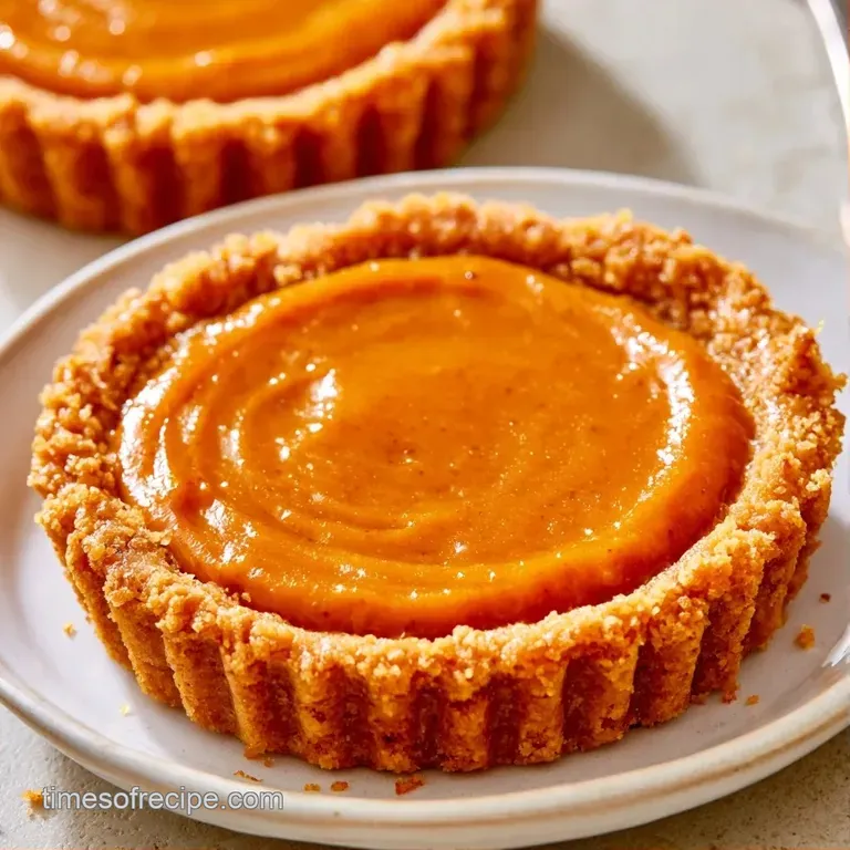 Small orange custard tarts arranged on a white marble platter with cinnamon sticks and autumn leaves.
