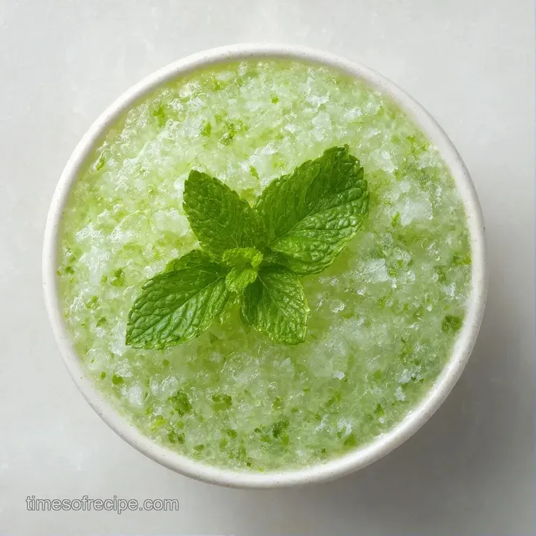 Chilled glass with condensation, topped with a lush mint bouquet and a straw on a clean marble tabletop.